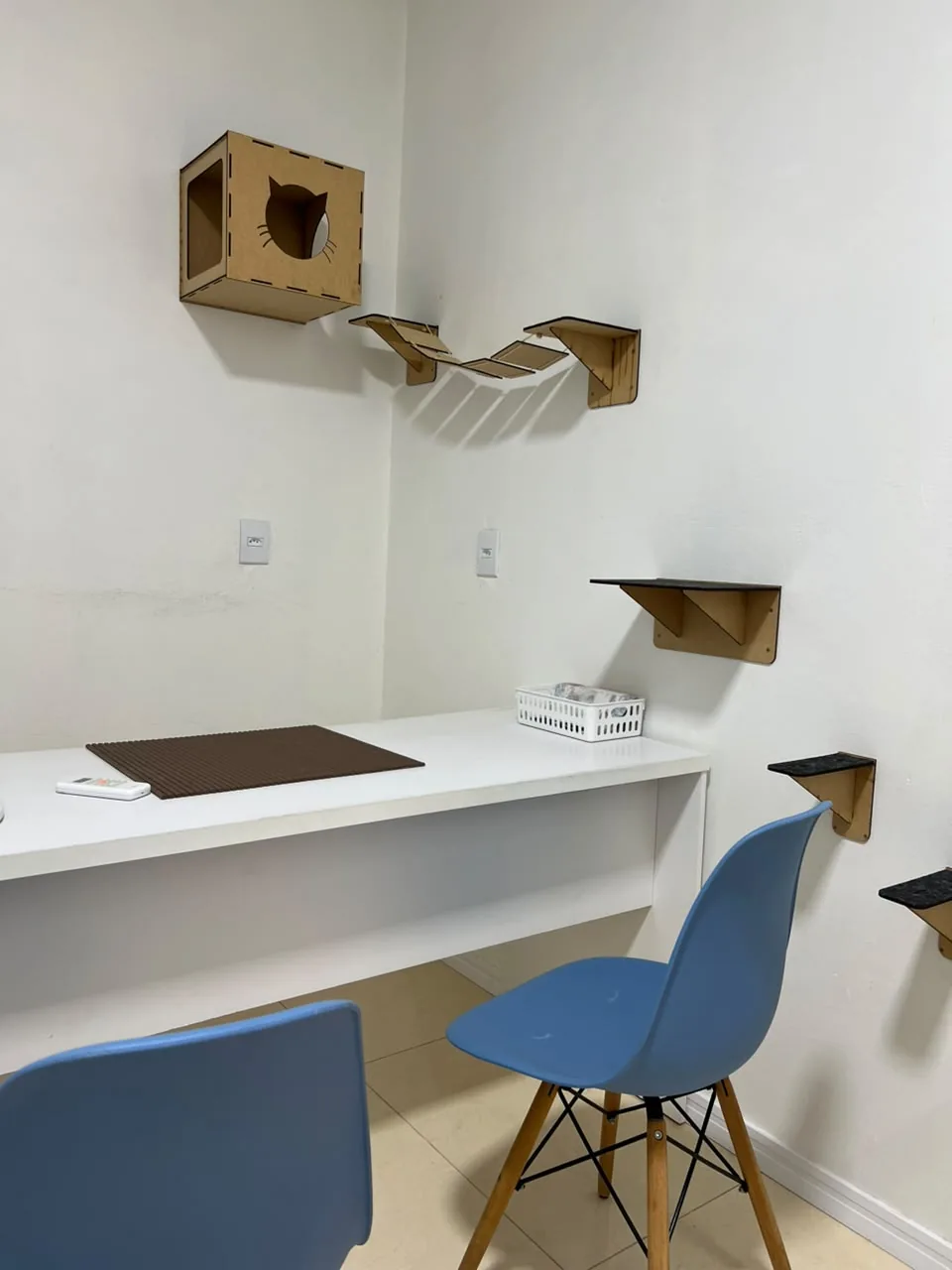 Consultório exclusivo para gatos, com plataformas e passarela de madeira para os felinos